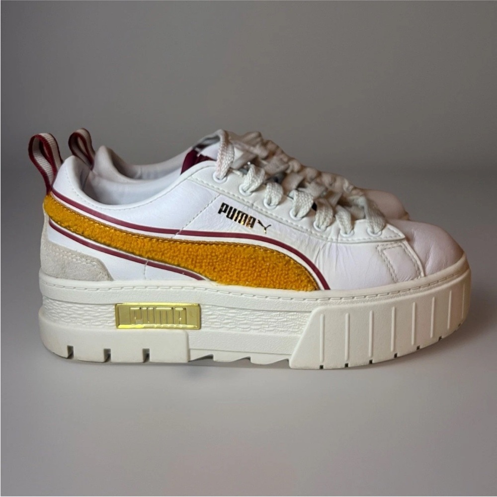 PUMA Women’s Sneakers Size 7 US White Burgundy Gold Suede Accent Athletic Shoes